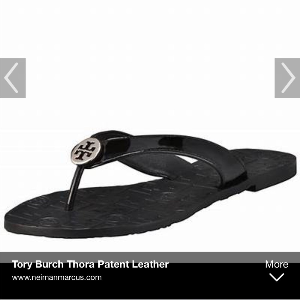 Tory Burch} Thora Thong Black Patent Leather Flat Sandal - Women's 5